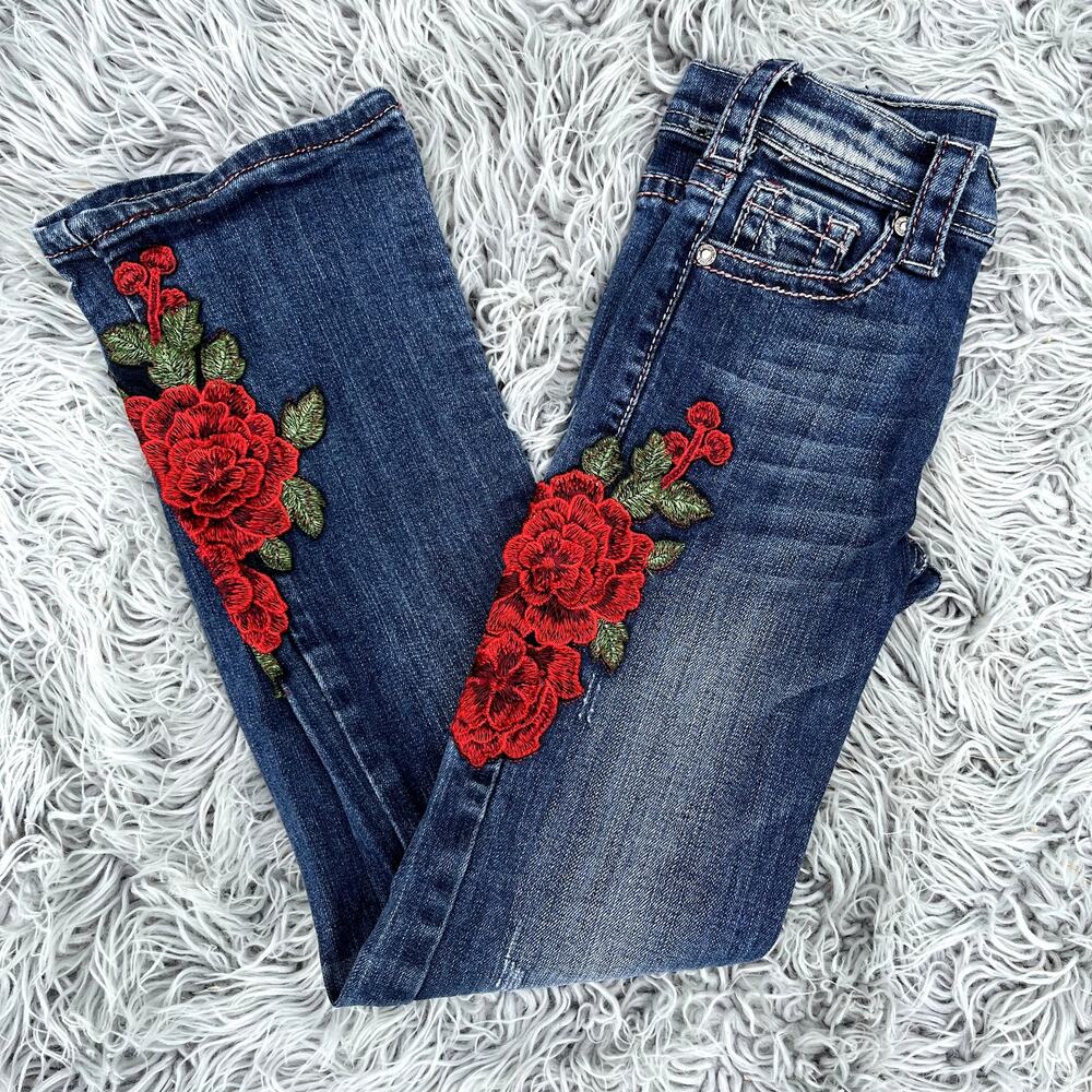 Kids Denim Jeans with Red Floral Embroidery